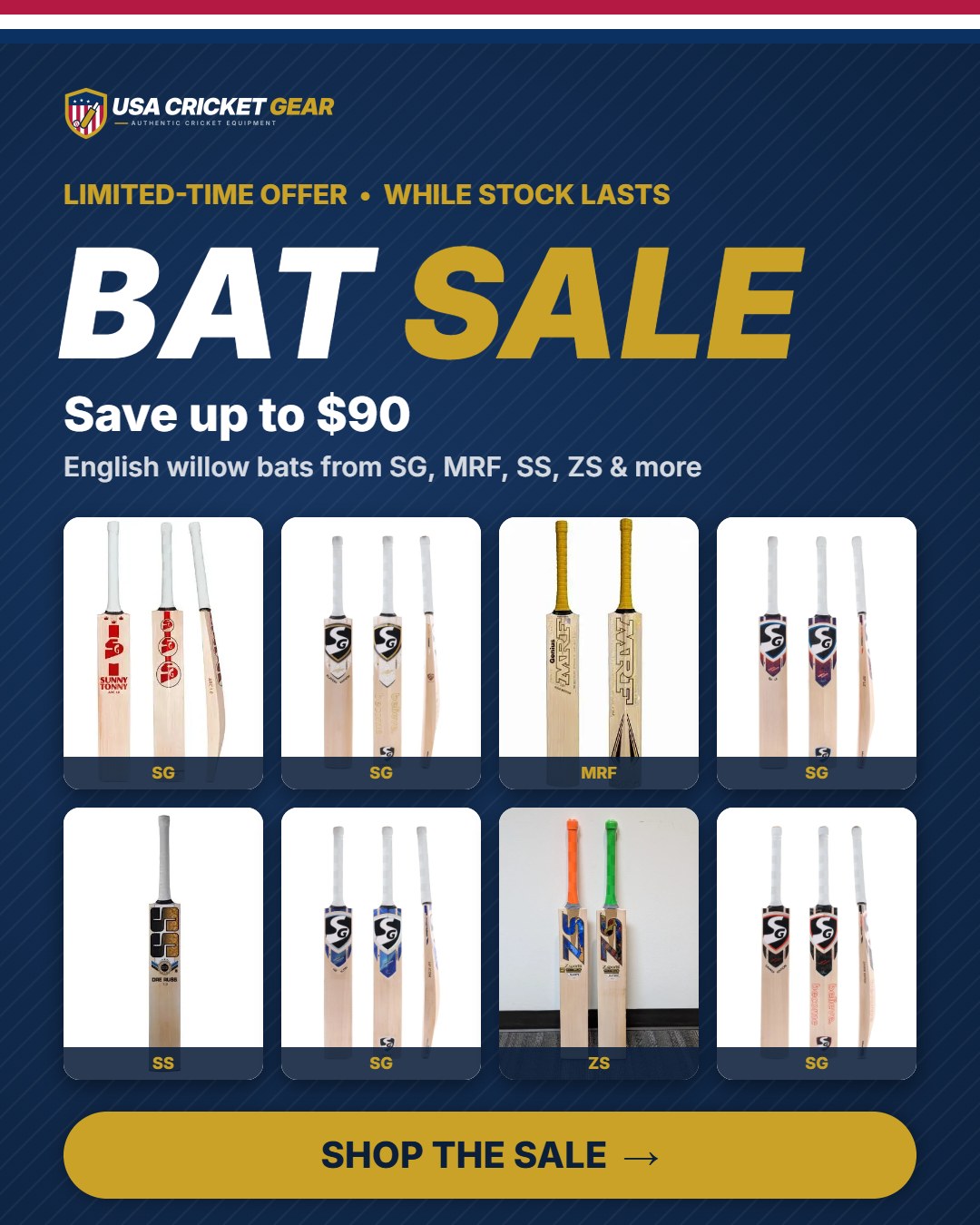 Bat sale - save up to $90 on English willow cricket bats